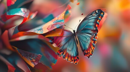 Poster - Butterfly emerging from vibrant wrapping paper close-up capture nature photography colorful background artistic concept