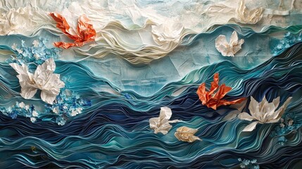 Aufkleber - Underwater aesthetic showcase of ocean waves through intricate tissue paper composition and creative artistry