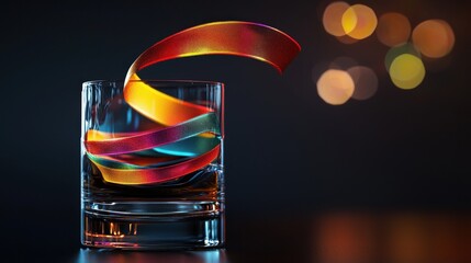 Aufkleber - Surreal close-up of vibrant glass tumbler with colorful ribbons modern artistic photography in abstract style