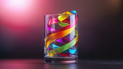 Aufkleber - Vibrant glass tumbler with colorful ribbons studio setting photography artistic environment close-up view surreal concept