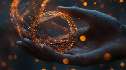 Poster - Surreal hand threading sparkling ribbon enchanted forest digital art dreamlike atmosphere close-up view fantasy concept