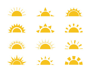 Fototapete - Yellow sun icons. Shine sun ray. Sunset, sunrise Summer, sunlight, nature, sky icon. Yellow sun icons. Vector illustration isolated on white background