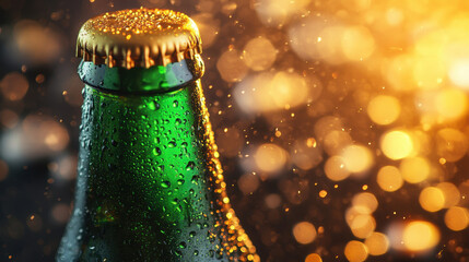 Close up of green beer bottle with droplets, sparkling in warm light. golden cap contrasts beautifully with vibrant green glass, creating refreshing and inviting atmosphere