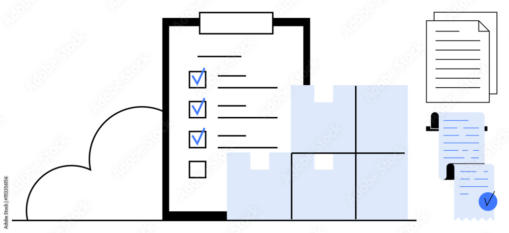 Large checklist with blue boxes, shipping boxes, a cloud, and various ...