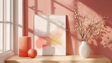 Poster - Artistic Showcase of Abstract Shapes and Natural Elements in Soft Coral Tones