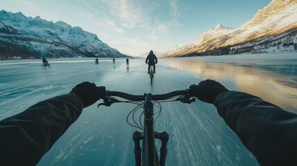 Poster - A group of cyclists rides across a vast frozen lake, flanked by stunning mountain peaks.