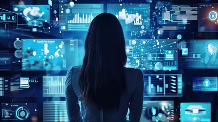 Aufkleber - A woman is looking at a computer screen with many different screens