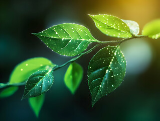 Poster - Close-up of green leaves with droplets, highlighting nature's beauty and freshness.