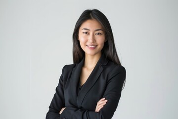 Confident young Asian woman entrepreneur in office attire smiling.