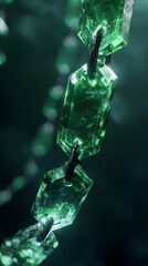 Poster - A close-up of green gemstones linked by black chains, showcasing texture and color.