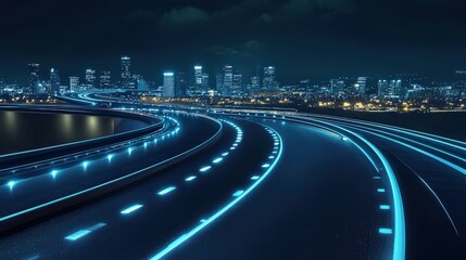 Aufkleber - Futuristic highway illuminated by neon lights urban city landscape photography nighttime dynamic perspective tech vision