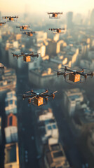 Poster - A fleet of delivery drones flying over a cityscape, demonstrating advanced logistics technology.