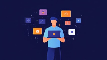 Businessman holding laptop with multiple digital devices and social media icons floating around, representing online marketing or technology concept.