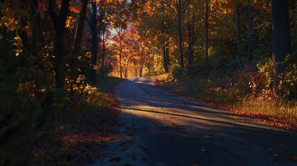 Poster - Golden hour illumination on winding forest road surrounded by autumn foliage in nature's tranquil embrace
