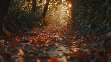 Poster - Autumn pathway covered with fallen leaves leads to tranquil nature scene forest photography serenity warm light perspective