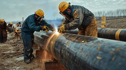 Wall Mural - A team of welders working on a massive pipeline project for natural gas, using advanced internal welding techniques to ensure the safety and durability of the pipes