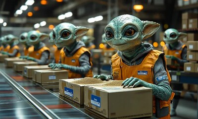 a group of alien-like beings working on an assembly line, focused on packaging small items.