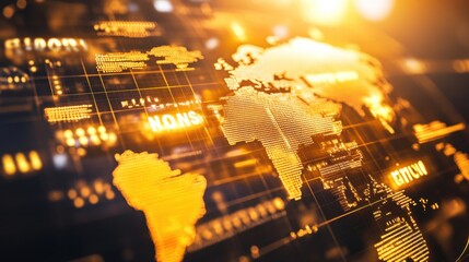 Poster - Golden Digital World Map with Global Connections and Data Lines