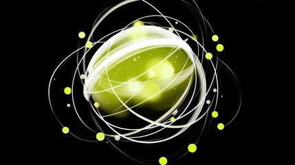Poster - Abstract Green Sphere with Light Trails and Dots on Black Background