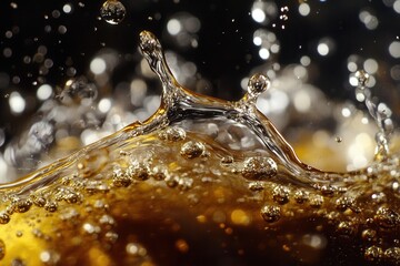 Wall Mural - Close-up of a dark liquid splashing with bubbles and droplets.