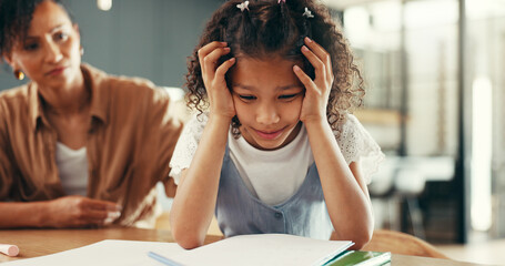 Poster - Mom, girl and stress with education, homework and guide for learning disability with books at apartment. People, mother and daughter with care for adhd, development and helping child in family house