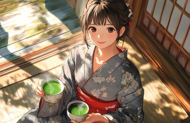 Wall Mural - A beautiful Japanese woman in her mid-20s, wearing an elegant gray and white patterned kimono with red accents