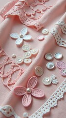 Poster - A close up of buttons and lace with a pink background