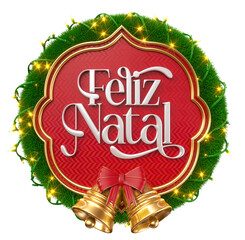 Wall Mural - merry christmas in brazilian portuguese red and gold label with garland and bells in 3d render with 