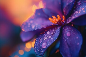 Wall Mural - Close-up of a vibrant purple flower with dew drops, illuminated by warm sunset light.