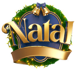 Wall Mural - christmas label in brazilian portuguese blue and gold with garland and ribbon in 3d render with back