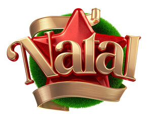 Wall Mural - christmas star in brazilian portuguese with green background and gold ribbon in 3d render with backg