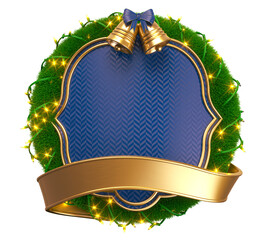 Wall Mural - Christmas Wreath With Blue Label, Golden Ribbon, And Bells In 3D Render with background transparent