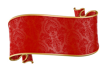Wall Mural - Red And Gold Ribbon Banner With Ornament Pattern In 3D Render with background transparent