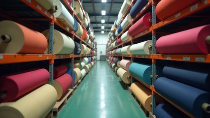 Poster - A large warehouse with many rolls of fabric on shelves.