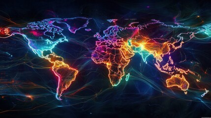Poster - Colorful abstract world map with glowing lines