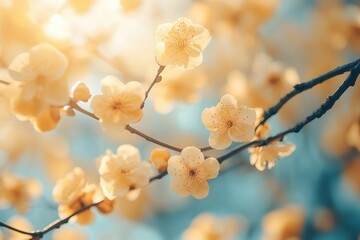 Close-up of delicate pale yellow blossoms on a tree branch, bathed in soft sunlight.