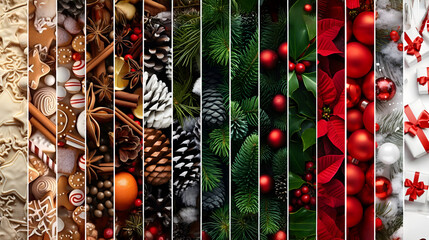 Wall Mural - Abstract background with seasonal and winter stripes with plant, leaf, ball, cone, spice, sweets and gifts texture. Horizontal composition. Concept of Christmas, holiday and New Year.