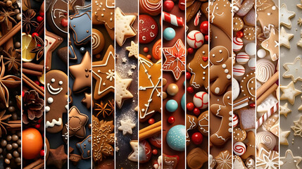 Wall Mural - Colorful abstract background with Christmas sweet, gingerbread piece and cookie stripes. Concept of Christmas, holiday and New Year food. Horizontal composition, banner.