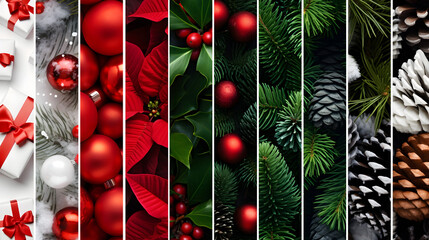 Wall Mural - Abstract background with seasonal and winter stripes with plant, leaf, ball, cone, spice, sweets and gifts texture. Horizontal composition. Concept of Christmas, holiday and New Year.
