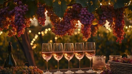 Aufkleber - Friends gather in a vineyard to savor wine, surrounded by ripe grapes. The golden sunset casts a warm glow, enhancing the festive atmosphere and highlighting the refreshing beverages.