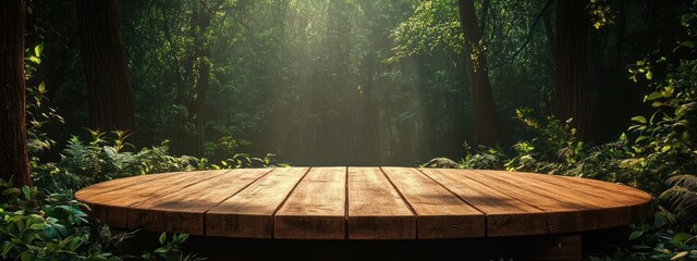 Canvas Print - Wooden Stage in Serene Forest Sunlight Nature Scene with Green Foliage and Textured Background