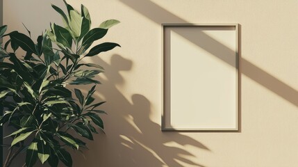 Poster - Elegant Mockup Design Featuring Clean Frame Against Soft Yellow Wall and Green Foliage