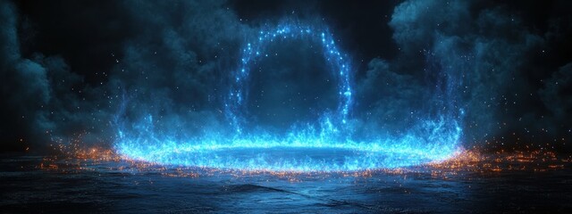 Poster - Mystical Portal with Blue Neon Lights in Dark Environment, 3D Hologram Stage Platform, Virtual Technology Display