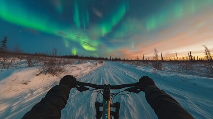 Poster - A cyclist enjoys a captivating ride on a snowy path as vibrant northern lights dance in the sky during dusk. The serene landscape features trees silhouetted against a colorful backdrop.