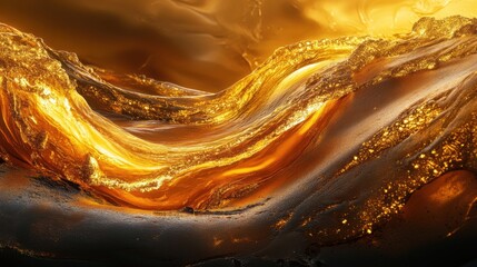 Wall Mural - Golden Liquid Abstract Art Fluid Waves, Amber Texture, Glowing Hues