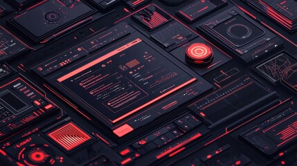 Poster - Sleek Digital Mockup Presentation Showcasing User Interface Elements in Dark Red Theme