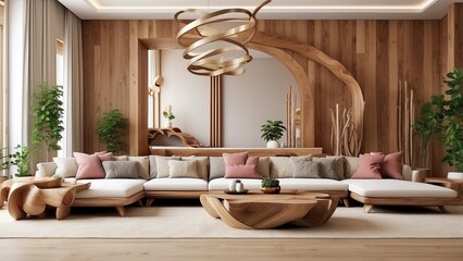 Comfortable interior design, opulent living area with organic wood furnishings, 3D model-