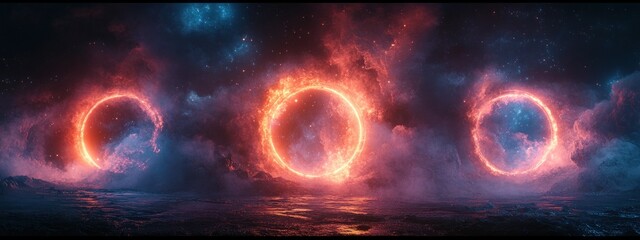 Poster - Futuristic Hologram Portal Scene with Glowing Circular Portals and Cosmic Background