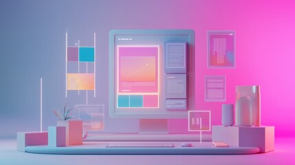 Poster - Modern Elegant Prototype Mockup with Dimensional Design Elements and Colorful Graphics