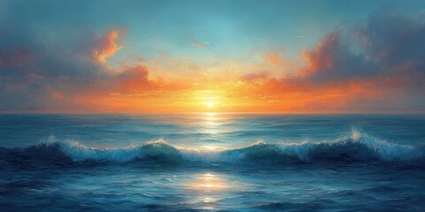 Poster - Serene Sunrise Ocean View with Gentle Waves and Reflection